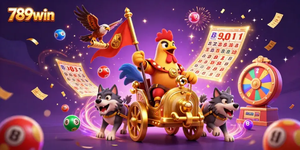 Engage with 789win's thrilling gaming world with a dynamic 3D illustration featuring lottery elements and enchanting characters.