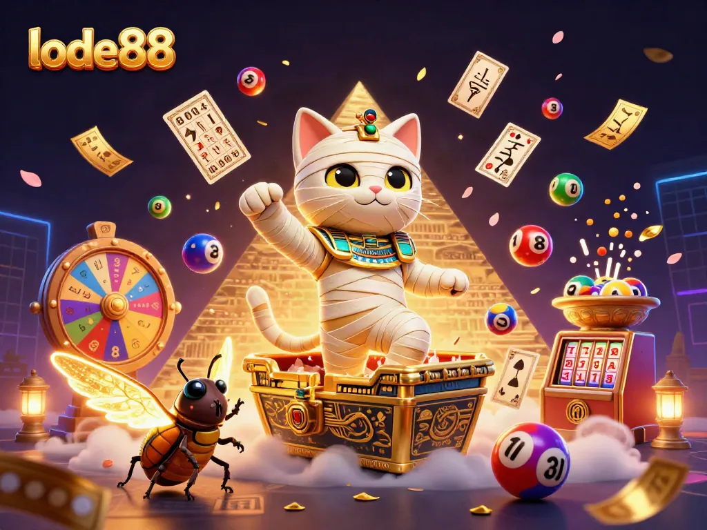 Lode88 engages players with a vibrant 3D casino scene featuring an Egyptian mummy cat and glowing scarab.