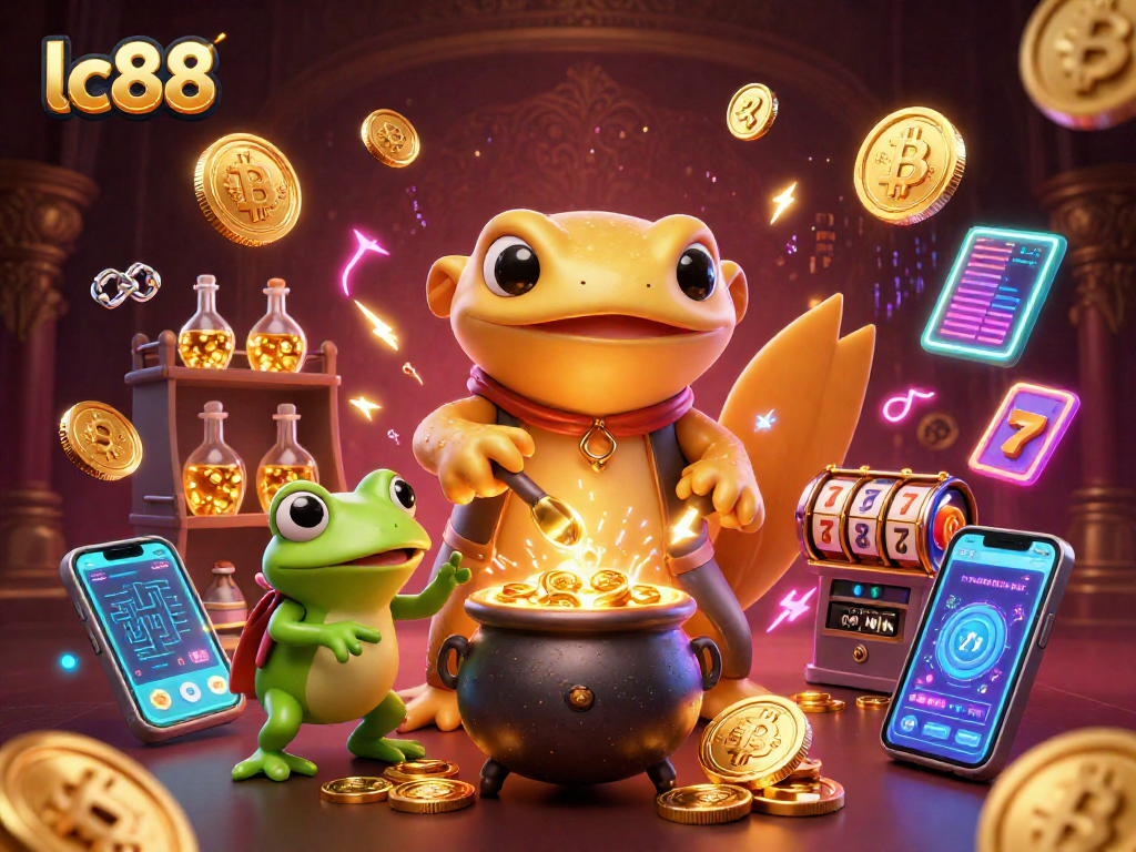 Experience lc88's thrilling adventure in a vibrant 3D casino with gold coins, alchemists, and crypto elements.