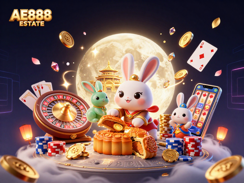 Play with joy at AE888 ESTATE featuring lucky moon rabbits, vibrant casino games, and golden treasures.