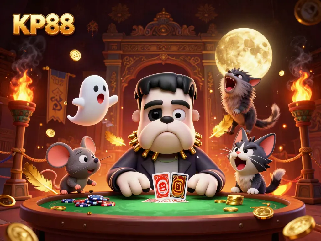 KP88 brings excitement with a Frankenstein bulldog dealer, ghost mouse, and werewolf kitten in a vibrant casino scene.