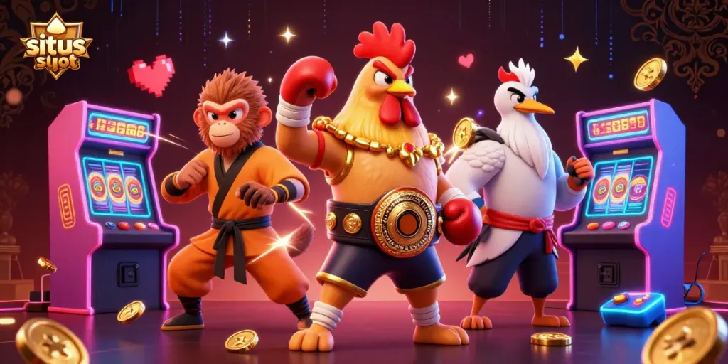 Experience situs slot excitement with a dynamic 3D casino scene featuring colorful game elements and charismatic characters.