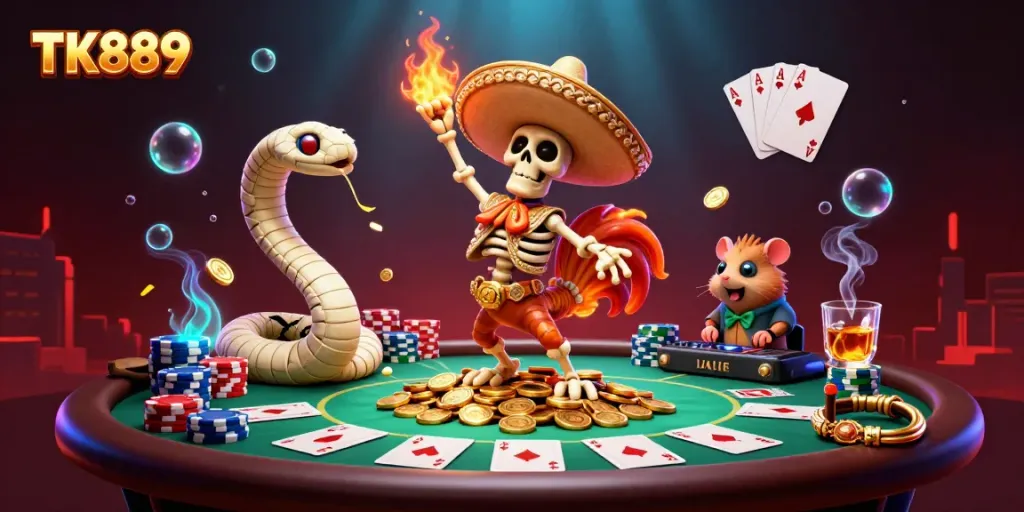 Experience the thrill of TK889 with a festive 3D illustration showcasing exciting casino themes and characters.