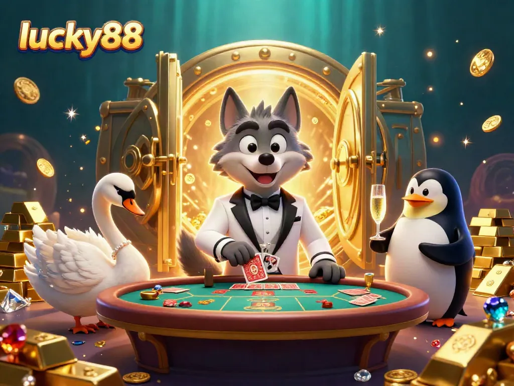 Experience the exciting world of lucky88 with a vibrant casino scene featuring a debonair wolf, elegant swan, and sophisticated penguin.