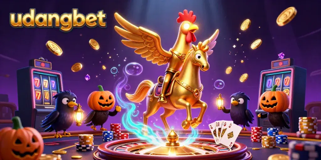 Experience udangbet's thrilling casino adventure with golden rooster, spectral horse, and vibrant game elements.