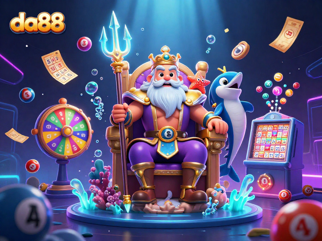 Win big with da88 at a vibrant lottery scene featuring Neptune, fishes, and colorful elements.