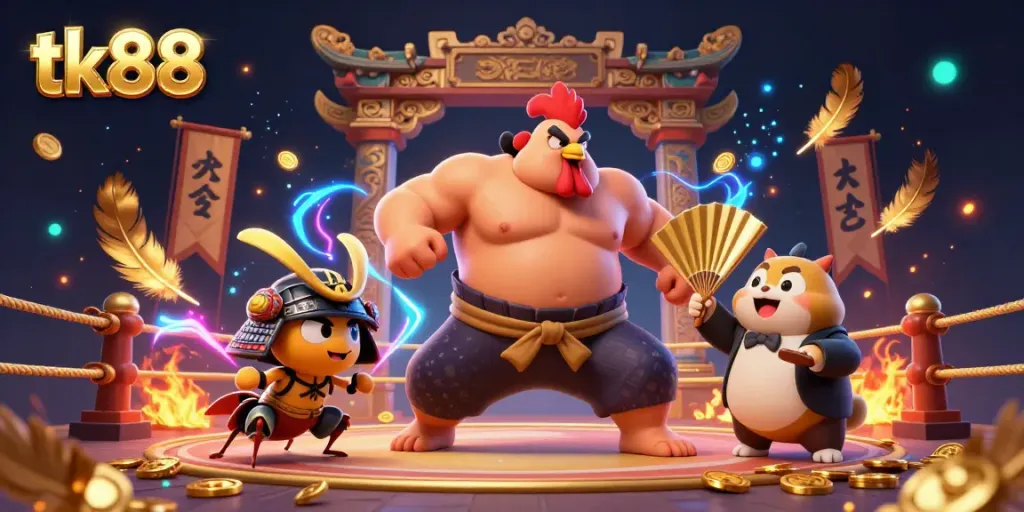 Experience the excitement of tk88 with a powerful sumo wrestler rooster and dynamic casino-themed elements.