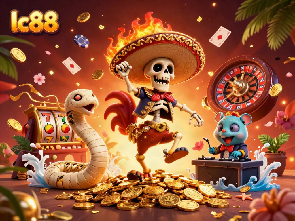 Experience exciting casino action with lc88 through vibrant 3D illustration of characters and gaming elements.