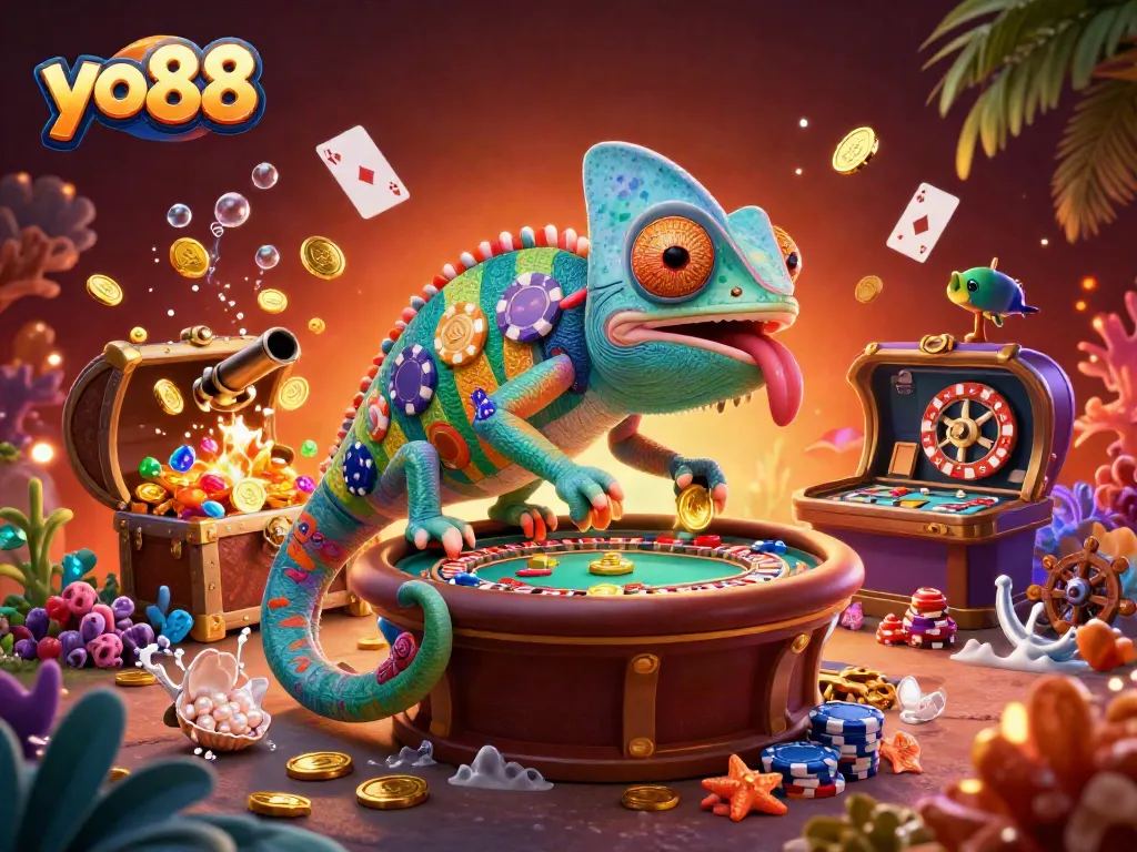 Play exciting casino games with yo88, featuring vibrant chameleon character and captivating underwater treasures.