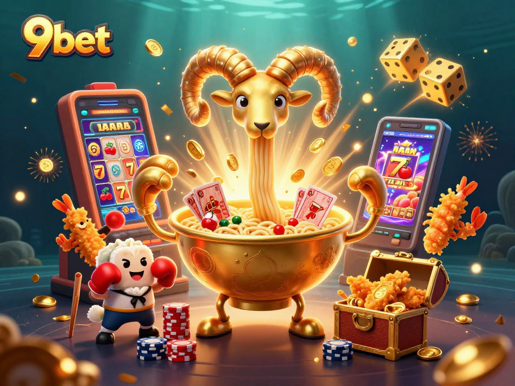 Experience thrilling gameplay with 9bet featuring a giant ramen bowl in a vibrant casino scene.