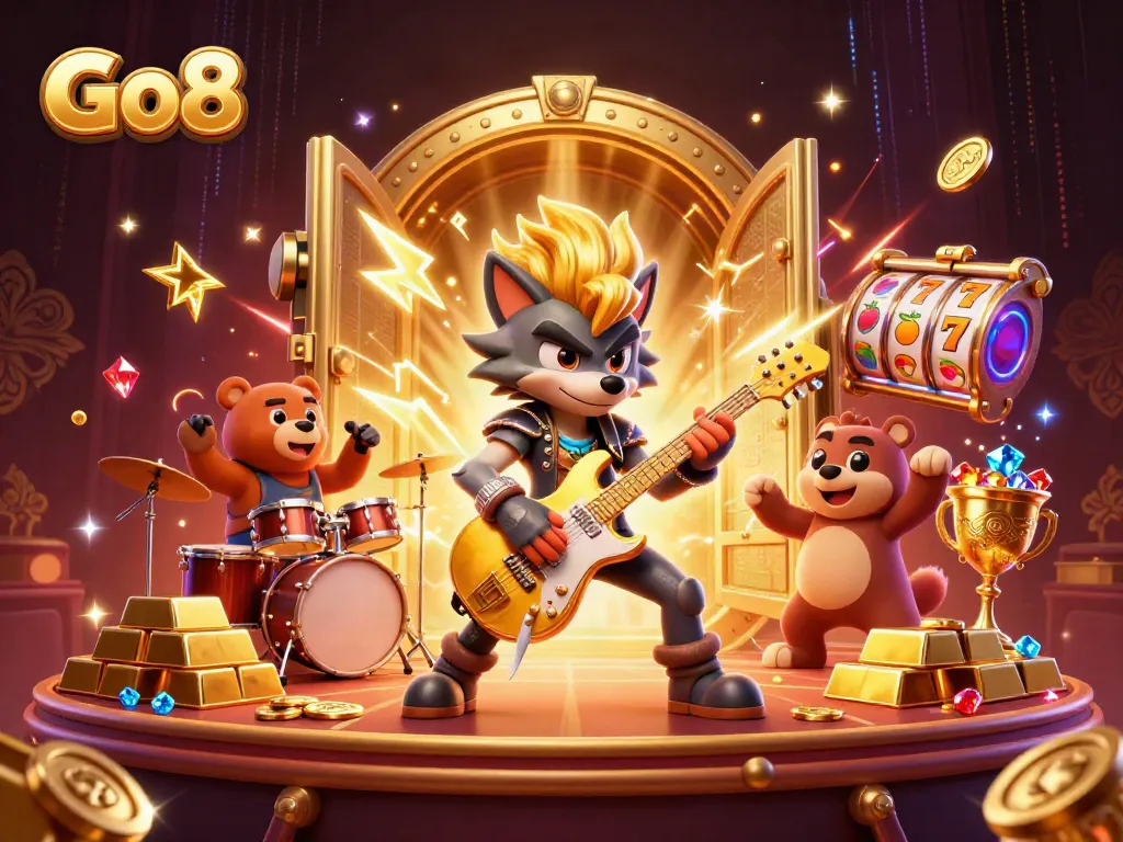 Experience the excitement of Go8 with an electrifying casino performance featuring cartoon characters and golden treasures.