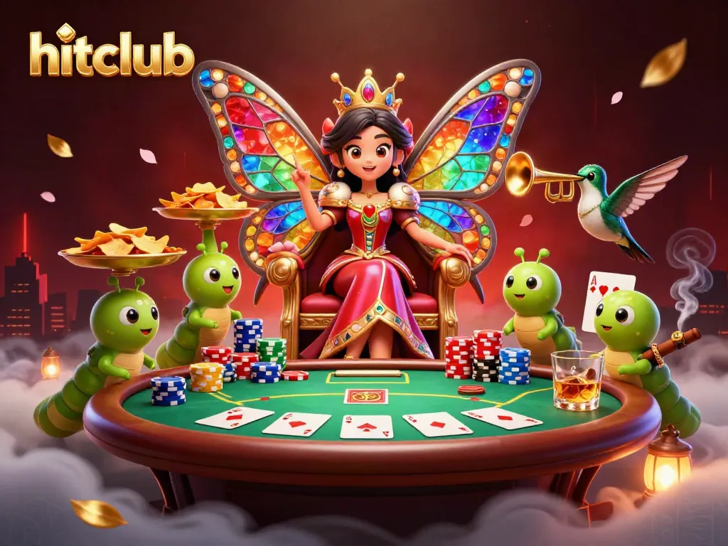 Experience the vibrant hitclub scene with a whimsical butterfly queen and poker elements