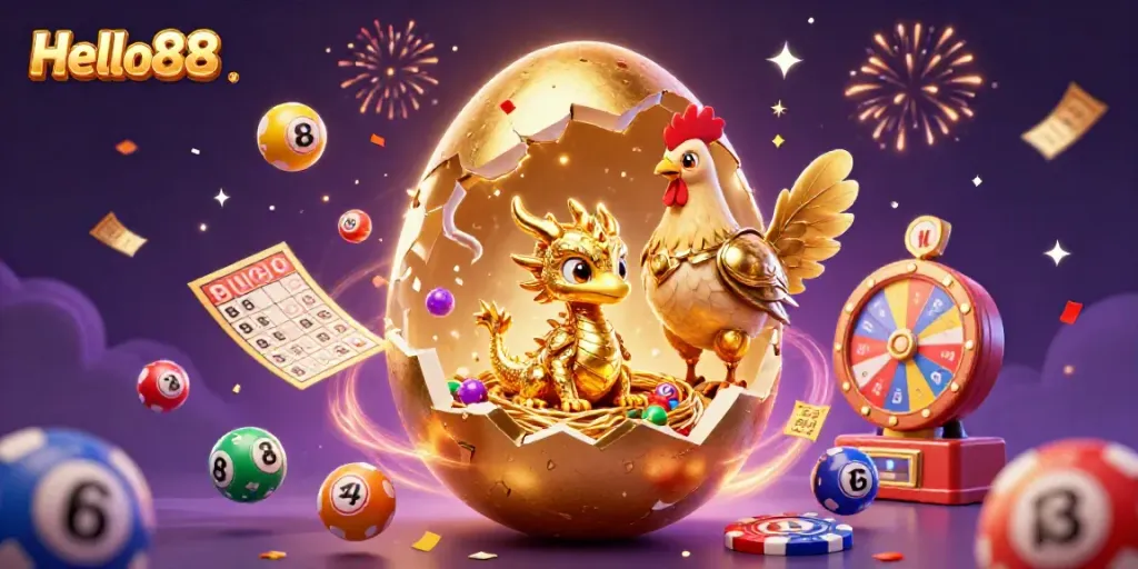 Experience Hello88's thrilling lottery adventure with vibrant elements and golden characters.