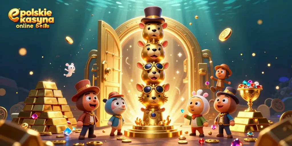 Engage with polskie kasyna online blik themed 3D casino illustration showcasing vibrant characters and treasures.