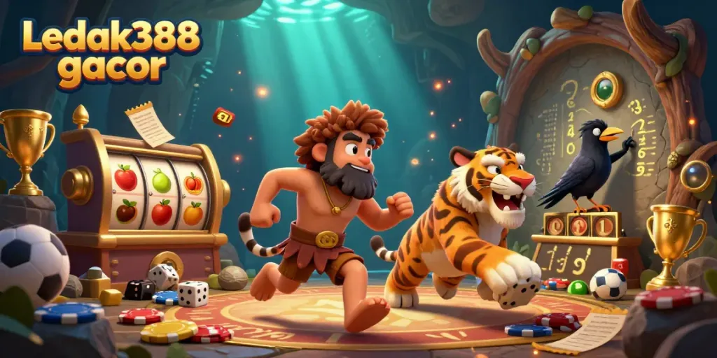 Experience the excitement of Ledak388 gacor with this vibrant prehistoric casino scene.
