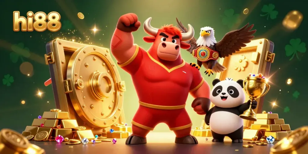 Experience excitement with hi88 as a muscular bull mascot celebrates amidst gold treasures and a lively scene.