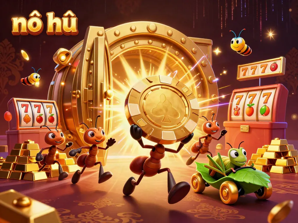 Engaging ants embark on a heist for nổ hũ jackpot, surrounded by golden symbols and treasures.