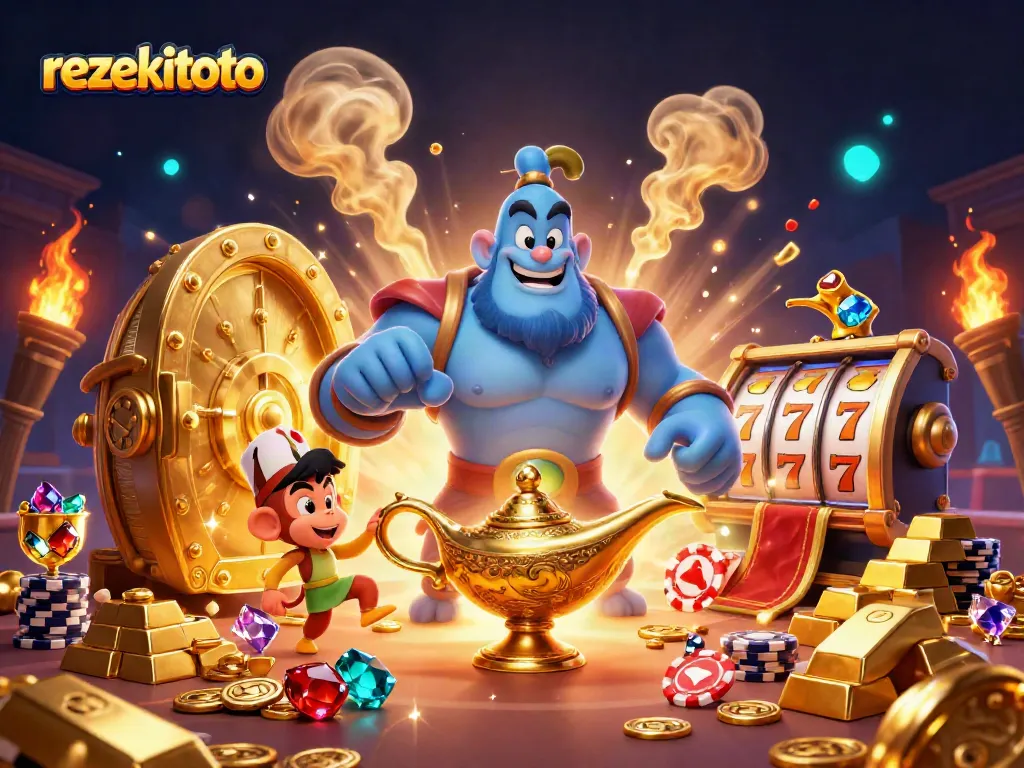 Experience the thrill of rezekitoto with our 3D casino illustration featuring vibrant slot elements and a magical genie.