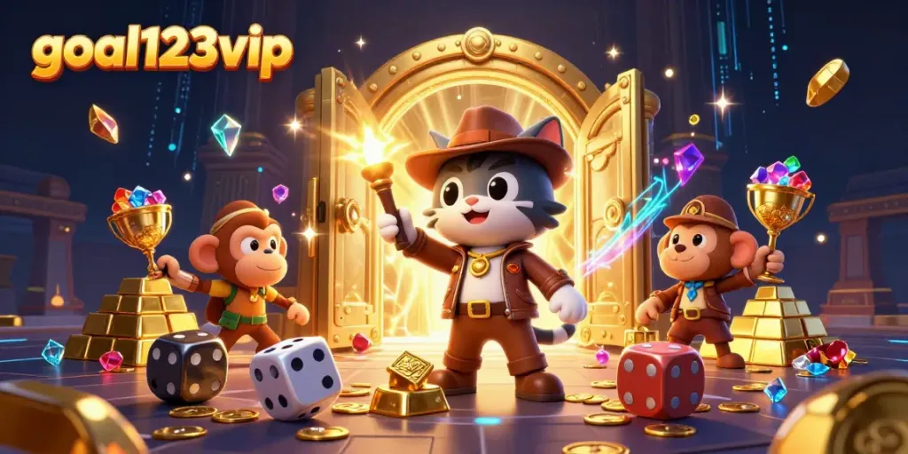Discover thrilling casino adventures with goal123vip in a vibrant, treasure-filled scene.