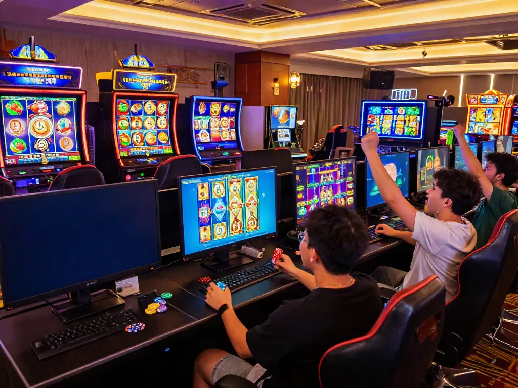 Players enjoying slot gacor hari ini in an exciting online gaming environment with colorful displays and enthusiastic cheers.