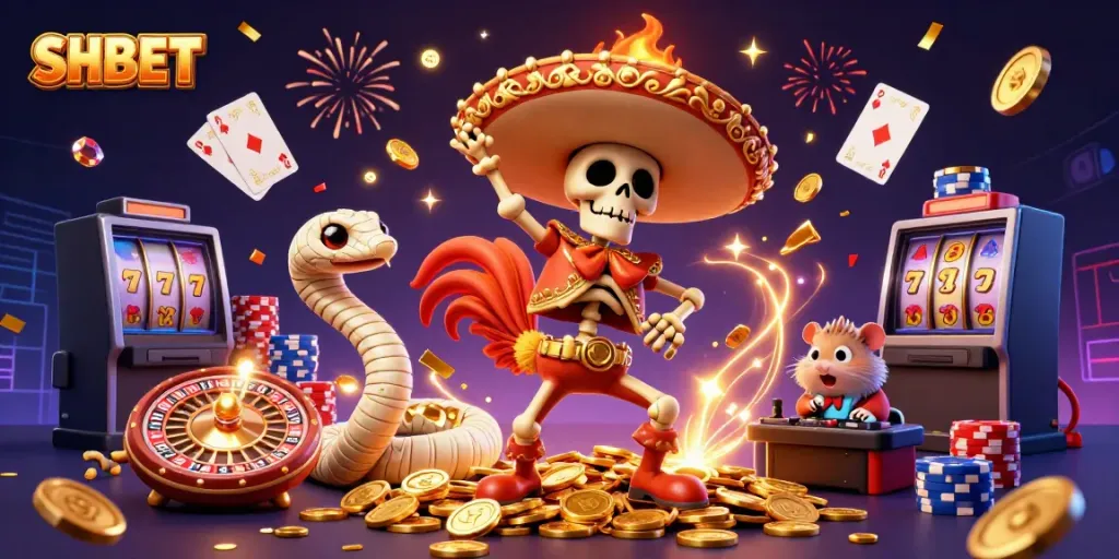 Celebrate big wins at SHBET with a vibrant casino scene featuring thrilling games and festive characters.