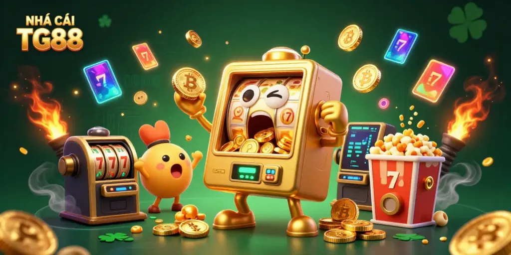 Experience the excitement of NHÀ CÁI TG88 with a golden slot machine celebrating a jackpot and coins pouring out.