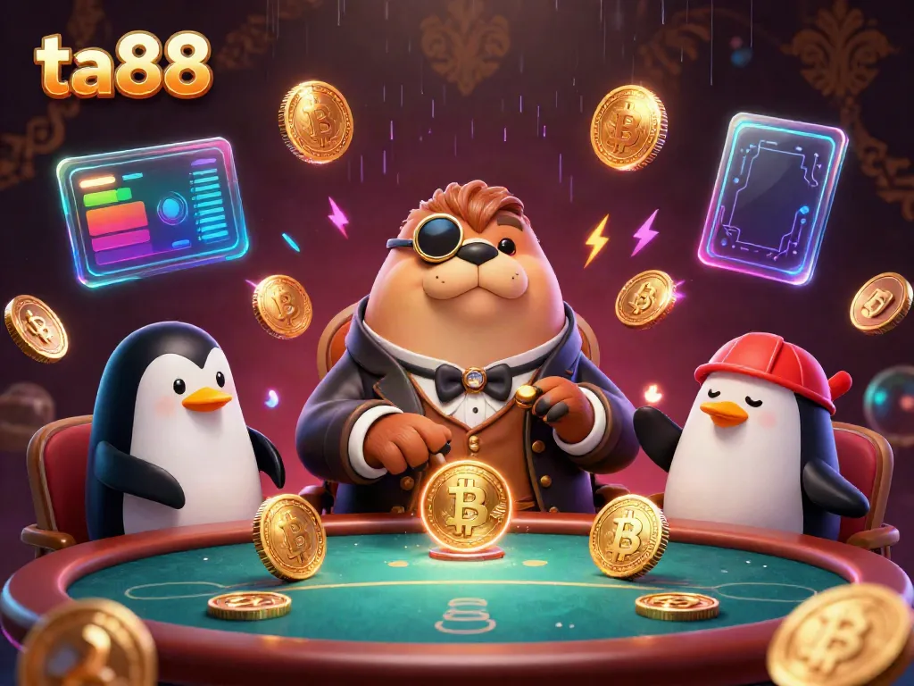 Experience the excitement of ta88 with a jolly walrus at an underwater poker game featuring crypto elements and vibrant colors.