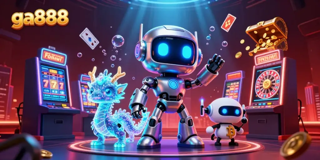 Experience thrilling casino gaming with ga888 in an ultra-detailed 3D scene featuring cyberpunk characters, vibrant slot machines, and dynamic gameplay elements.