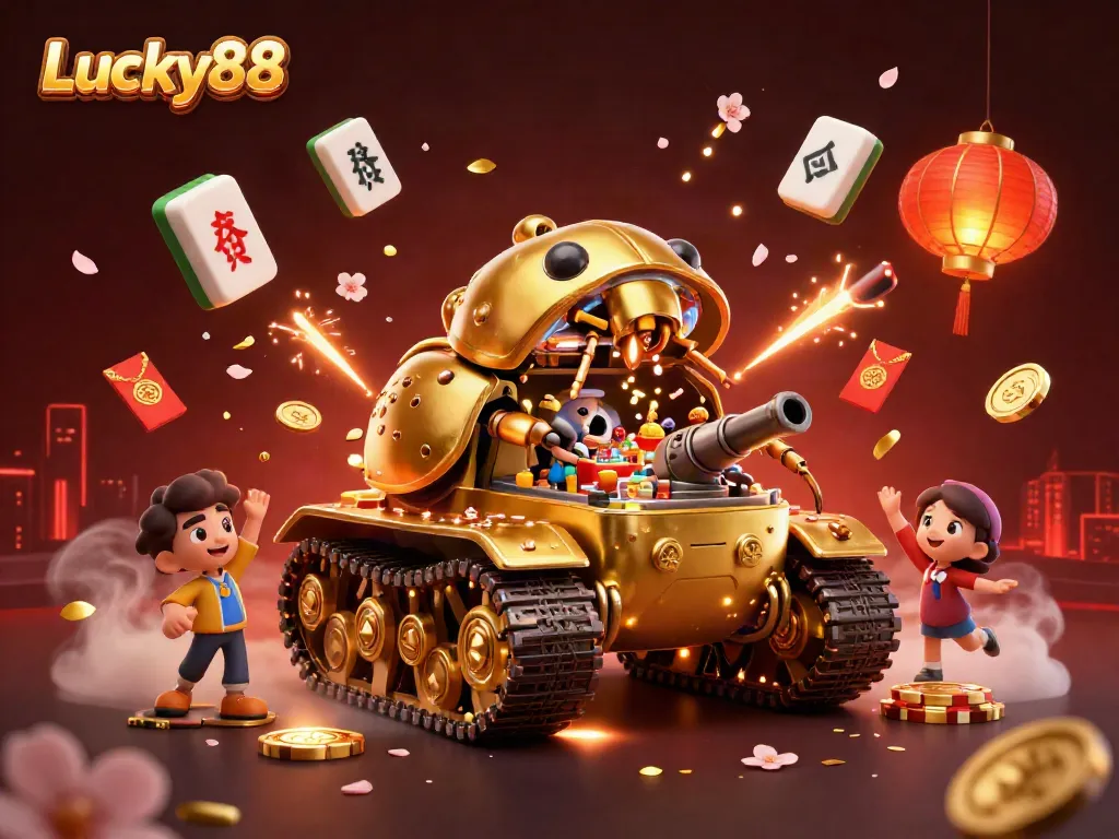 Celebrate your wins with Lucky88 in this vibrant casino-themed 3D illustration featuring a golden beetle tank and festive elements.