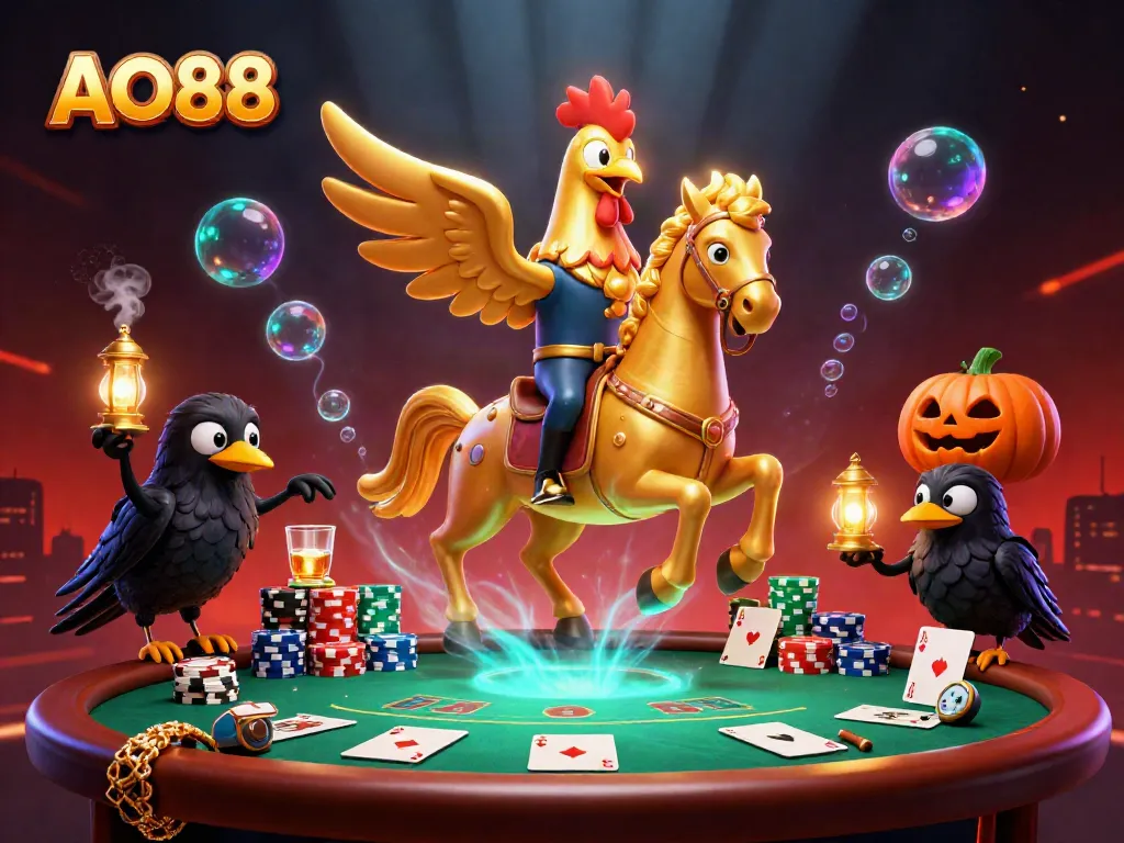 Experience the thrilling world of AO88 with a lively casino scene featuring unique characters and game elements.