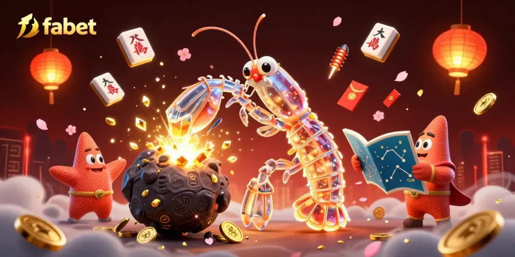 Engage in thrilling gaming with fabet, featuring a samurai mantis shrimp amidst a dynamic 3D casino scene.