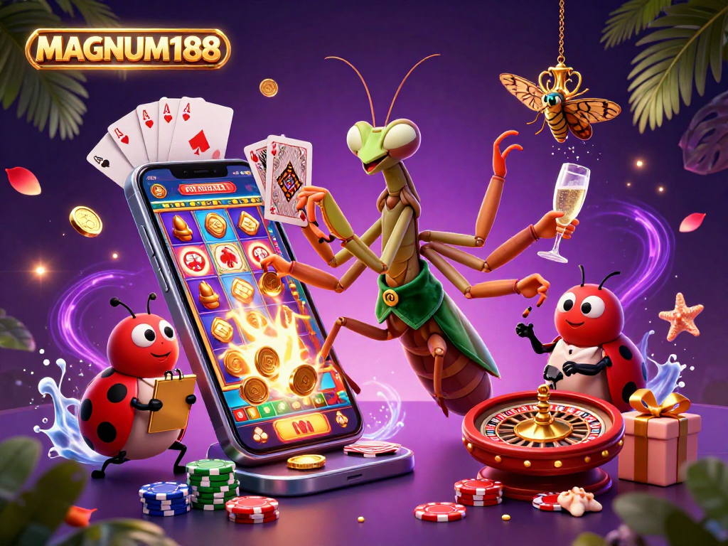 Experience the thrill of MAGNUM188 with 3D characters, vibrant slots, and casino chaos!