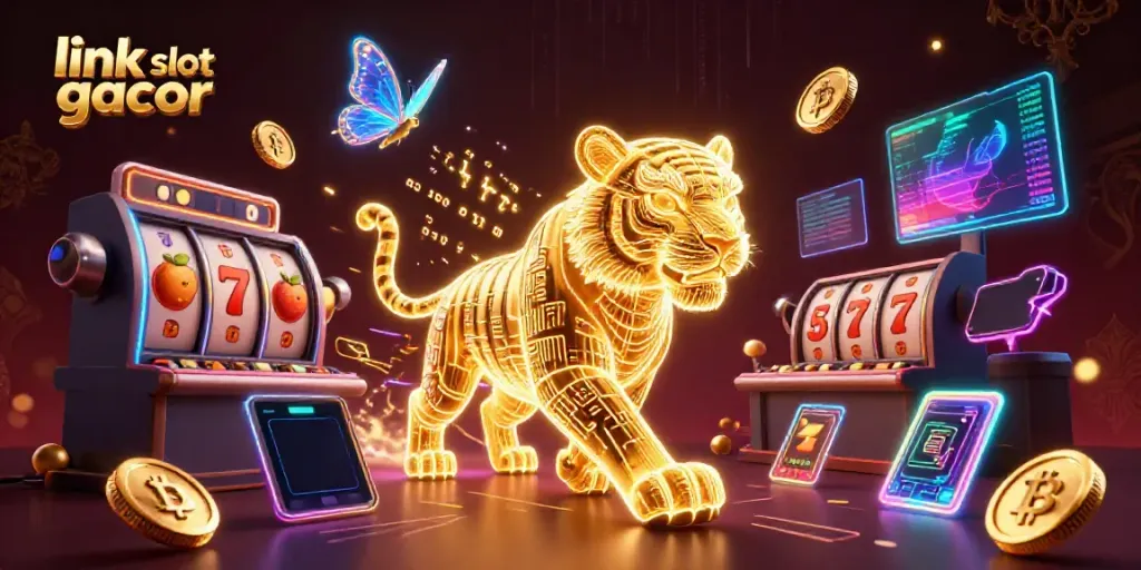 Link slot gacor beraksi dengan slot reels dan simbol keberuntungan dalam ilustrasi slot yang memukau.