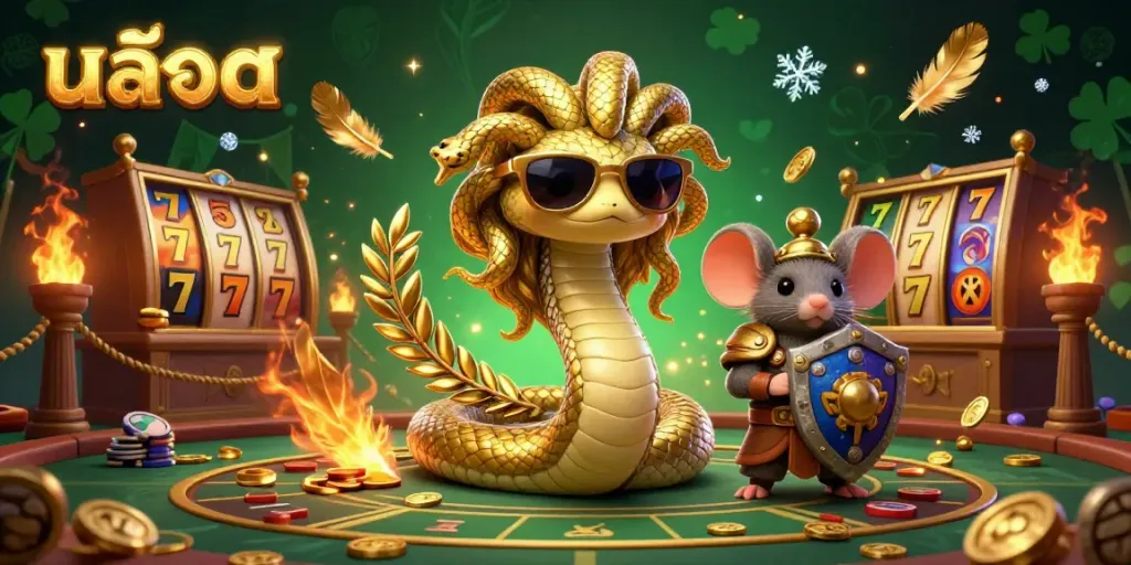 Engage with สล็อต while enjoying a vibrant 3D casino scene featuring Medusa and a warrior mouse.