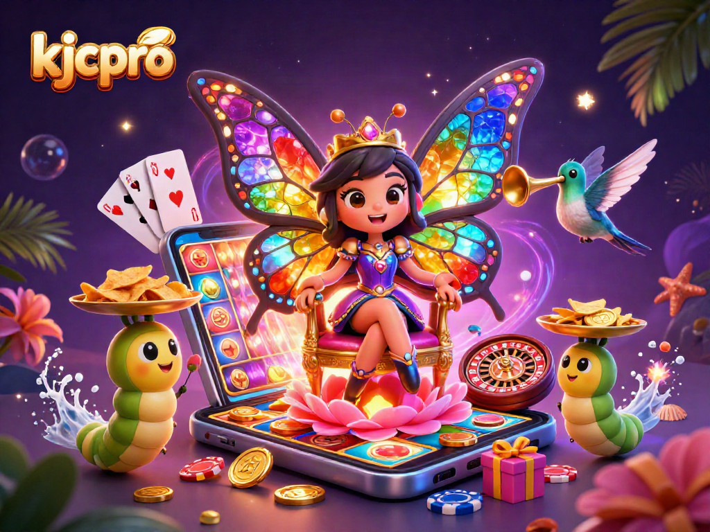 Kjcpro captures the excitement of casino gaming with a vibrant butterfly queen surrounded by slots and chips.