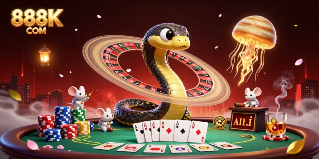 Engaging illustration capturing 888K COM's casino essence with dynamic characters in an exciting gambling scene.