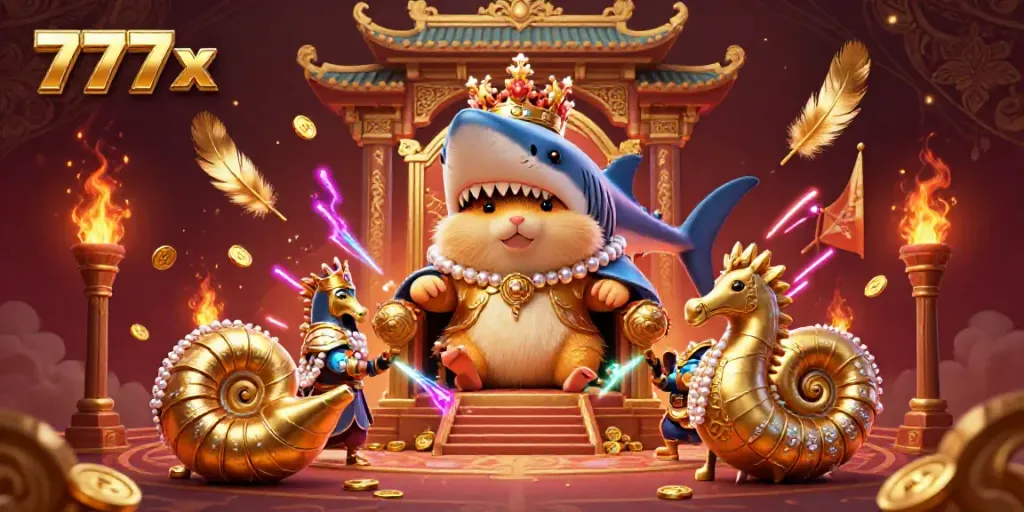 Experience vibrant gameplay with 777x, featuring a golden hamster king on a shark tooth throne amidst dynamic casino elements.