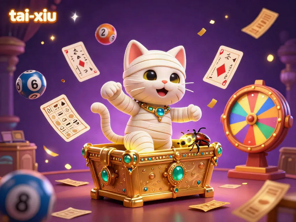 Experience tai-xiu excitement with a lively mummy cat and glowing scarab in a vibrant casino scene.