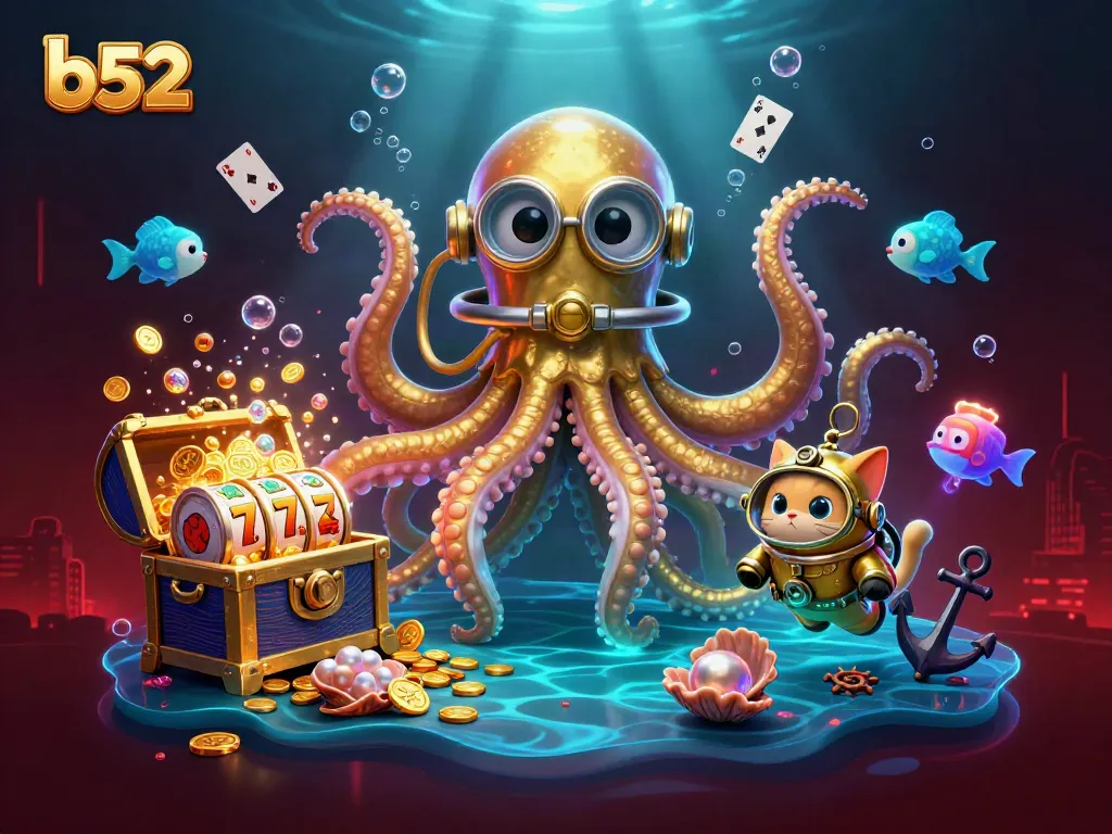 B52-themed casino illustration showcasing a kraken and diving cat amidst vibrant slot reels and treasures