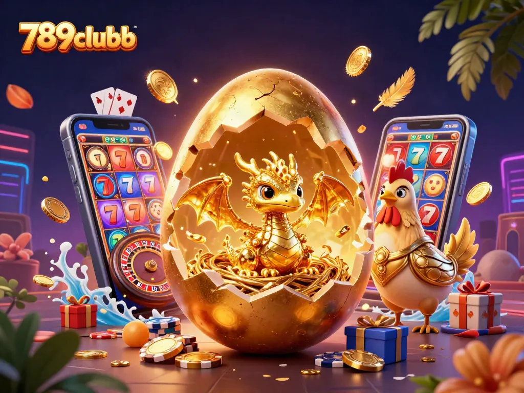 Win big at 789clubb with a vibrant scene of a golden dragon guarding poker chips and exciting game elements.