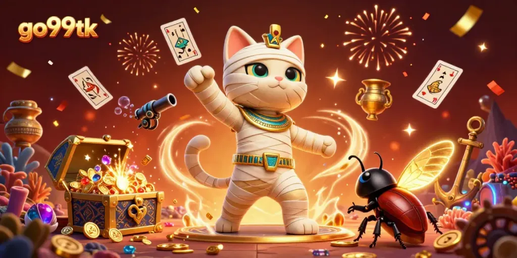 Experience dazzling wins with go99tk, featuring a vibrant 3D mummy cat and casino elements.
