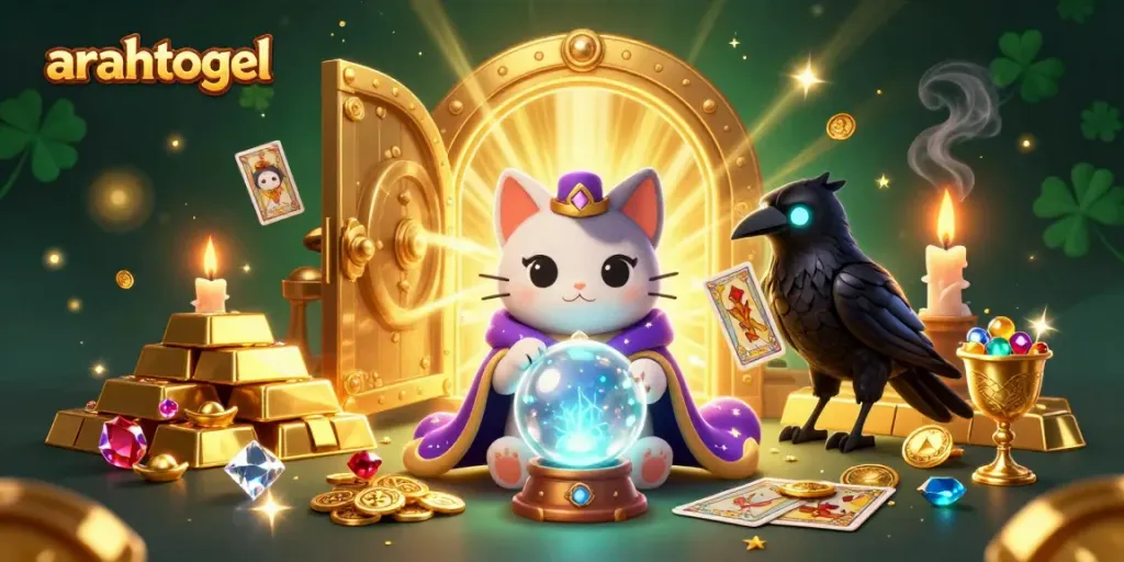 Experience the mystical charm of arahtogel with a captivating illustration of a fortune teller cat and a tarot raven.