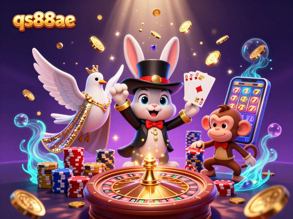 Experience the thrilling action of qs88ae with a colorful illustration of a magician rabbit and friends immersed in casino excitement.