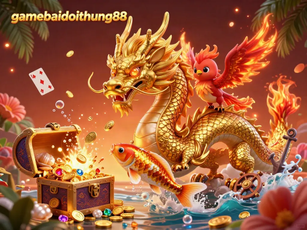 Engage with gamebaidoithuong88 through vibrant gaming visuals featuring dragons, phoenixes, and treasures.