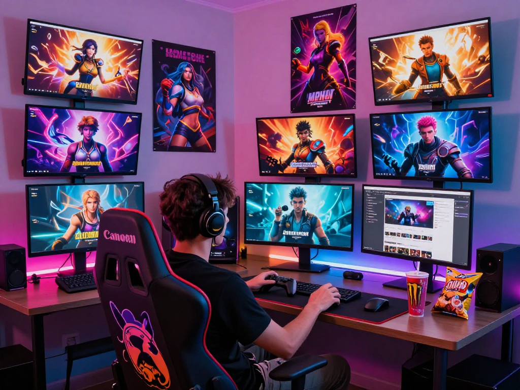 Engaging scene depicting a user playing trans porn games in a colorful gaming room filled with dynamic characters and vibrant artwork.