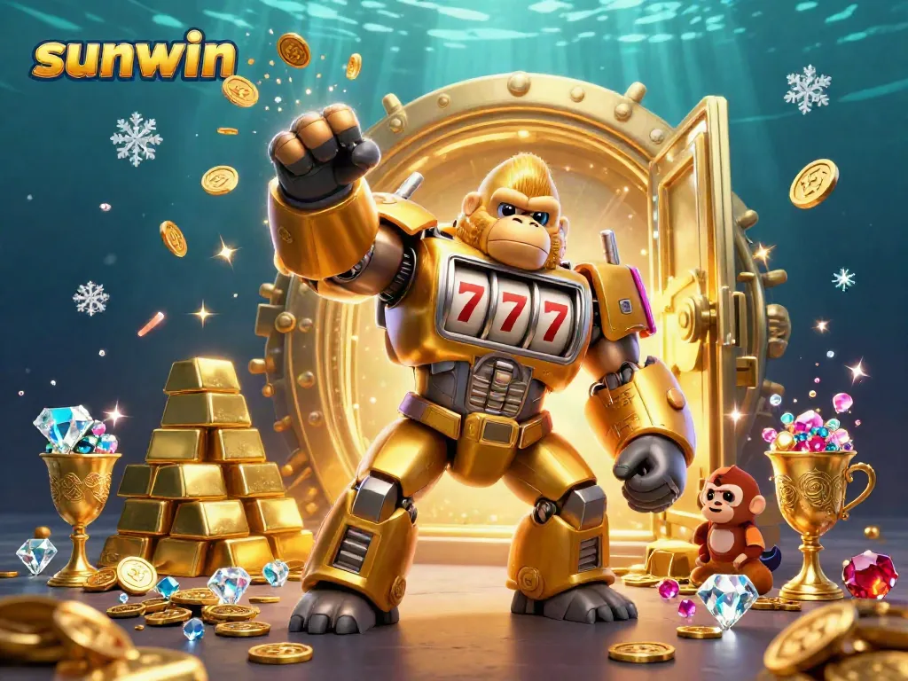 Engage with the vibrant sunwin-themed 3D illustration featuring a golden gorilla mech celebrating jackpots.