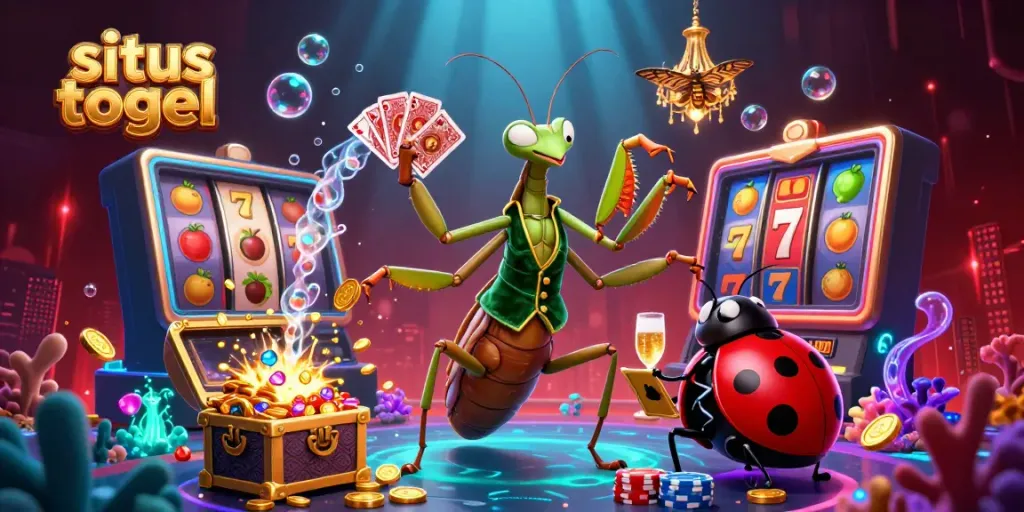 Experience situs togel with an engaging 3D illustration showcasing a lavish casino scene featuring a giant mantis and ladybug.