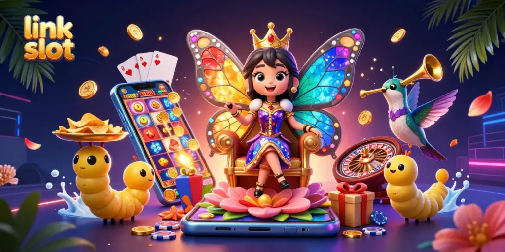 Engaging link slot scene with vibrant 3D characters and gaming elements for casino players.
