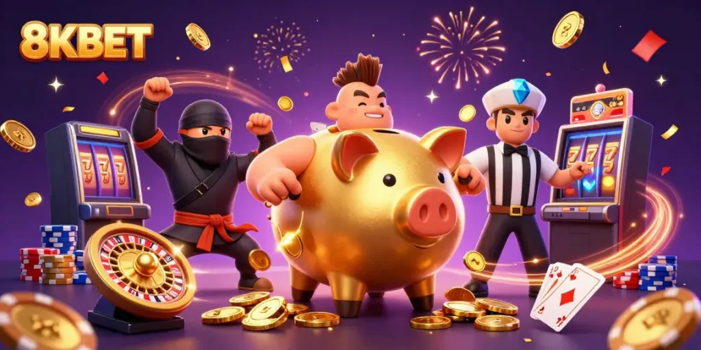 Experience thrilling gaming action with 8KBET featuring vibrant casino elements and colorful characters.