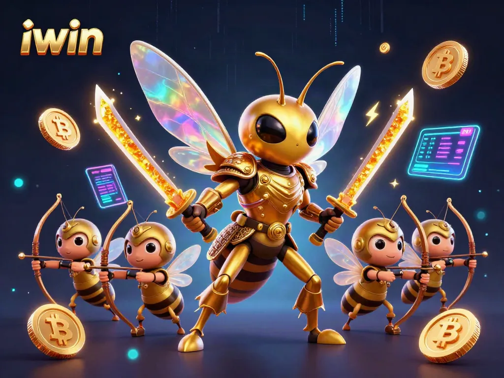 iwin elevates your game with a vibrant 3D gambling scene showcasing crypto elements.